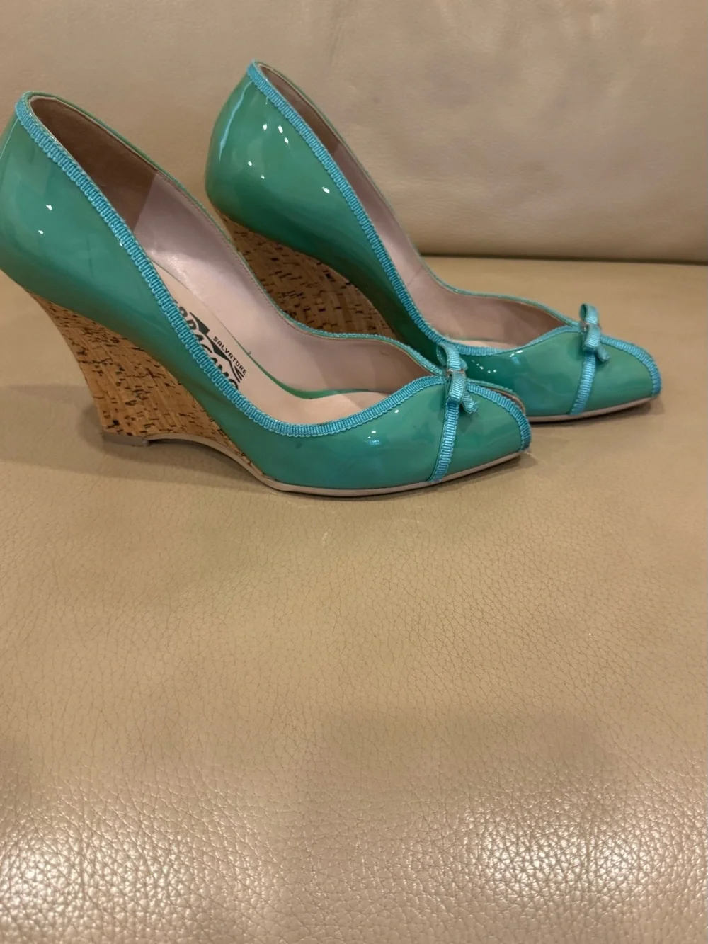 Salvatore Ferragamo Mint Green Patent Peep-Toe Pumps with Bow Accent